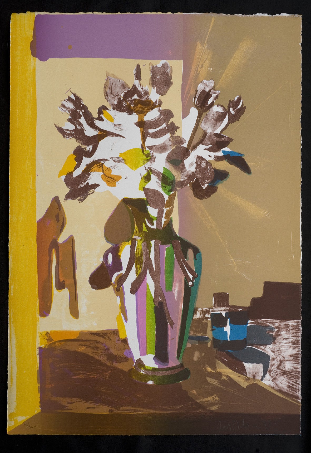 Litografi af Erik A. Frandsen. Blomster i vase. Nuance mørk