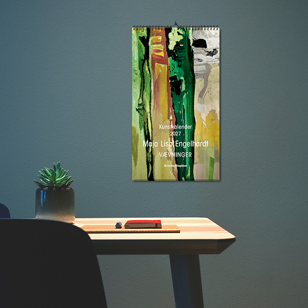 Kunstkalender 2027 af Maja Lisa Engelhardt vist mod mørk baggrund